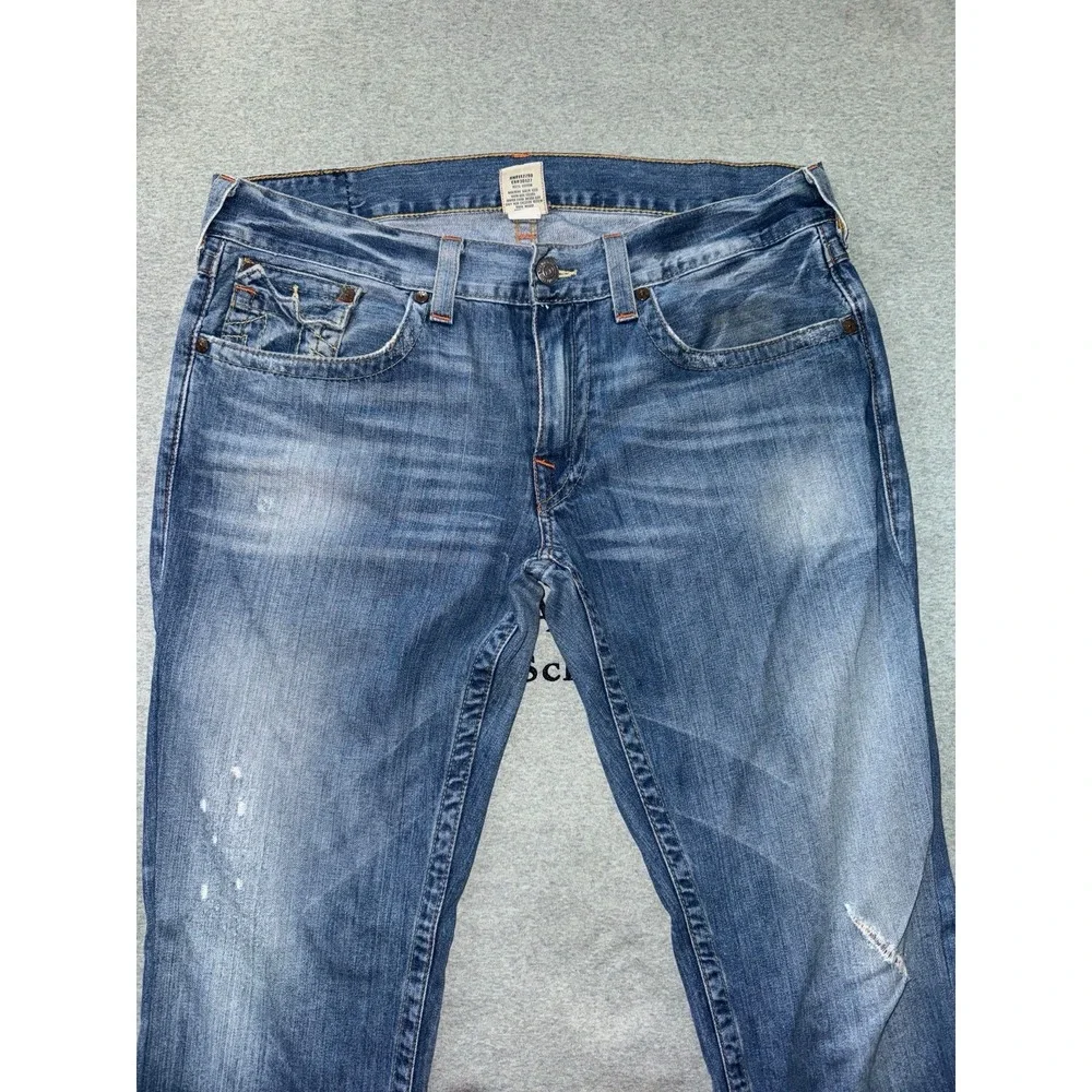 True Religion Jeans Men's Ricky Blue Denim Straight Leg Distressed Size 38